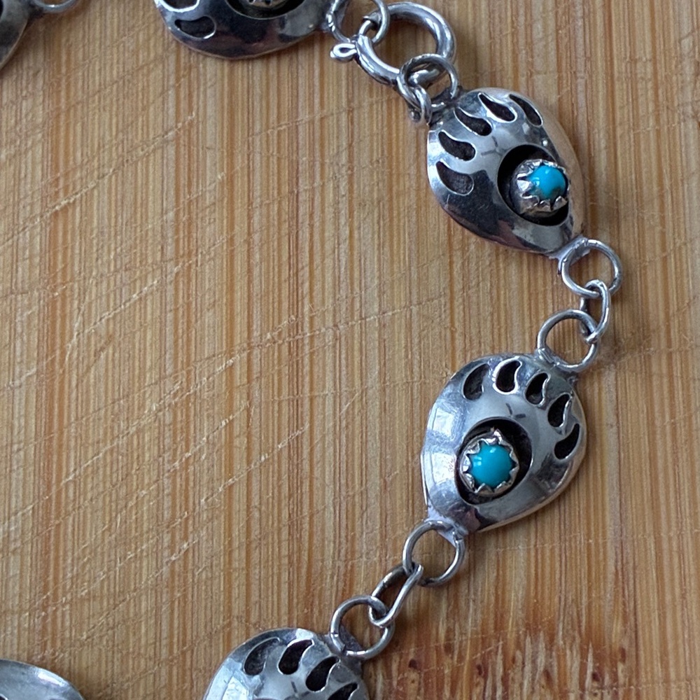 Vintage Sterling Silver and Turquoise Navajo Paw Bracelet - Picture 3 of 16